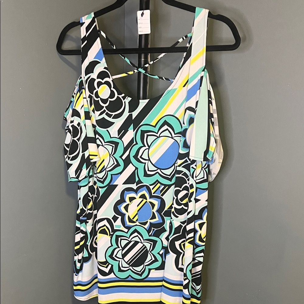 Kaari Blue cold-Shoulder Floral Graphic tunic in Black, White and Teal